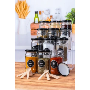 Krm Home 12 Adet Kaşıklı Metal Kapak 320 ml Cam Baharatlık, Etiketli 12li Baharat Kavanoz Seti