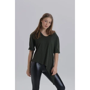 Haki Kadın Eiffel Baskı Detay Asimetrik Kesim T-Shirt