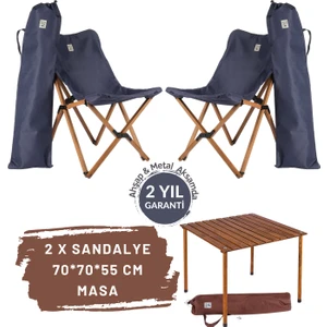 Bag The Joy Ahşap Katlanır Masa Sandalye Seti Kahverengi - Lacivert Kılıf 70X70X55 Kahverengi Masa