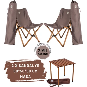 Bag The Joy Ahşap Katlanır Masa Sandalye Seti Kahverengi - Koyu Gri Kılıf 50X50X50 Kahverengi Masa