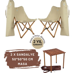Bag The Joy Ahşap Katlanır Masa Sandalye Seti Kahverengi - Bej Kılıf 50X50X50 Kahverengi Masa