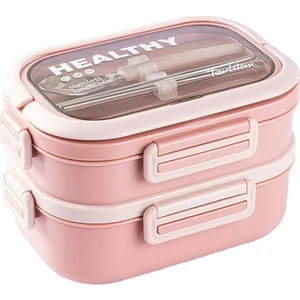 Pembe Paslanmaz Celık 2 Katlı Chopstıck ve Kasıklı Yemek Tasıma Kabı 1.65L