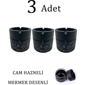 Krm Home 3 Adet Kokusuz Küllük-Cam Küllük-Araba Küllüğü 425 cc Mermer Desenli-Taşınabilir Araç Kül Tablası