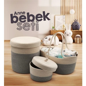 Jüt Ip Hasır Gri Anne Bebek Bakım Çantası Anne Bebek Set Organizeri