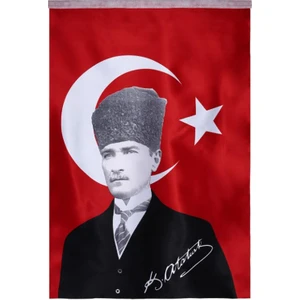 Nostaljik Lezzetler Türk Bayrağı Kalpaklı Atatürk Posterli Saten Türk Bayrağı K.atatürk Imzalı Türk Bayrağı 70 x 100 cm