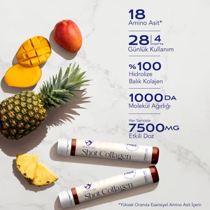 Shot Collagen | 1000 Da Molekül Ağırlığı, Yüksek Biyoetkinlik Premium Balık (Marine) Kolajen Diyet Takviyesi Zengin Formül Mango Ananas, Hyalüronik A., Glutatyon, Biotin, C Vitamini 28 Shot