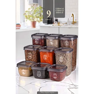 Kitchen Life 9'lu Etiketli Square Kare Saklama Kabı Seti (1750ML+1200ML+550ML) Erzak Kavanozu