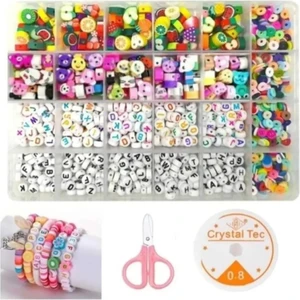 Yiğit Aksesuar Harf Boncuk (600 Adet) Fimo Figür Boncuk (150 Adet) ve Fimo Boncuk Takı Yapma Seti