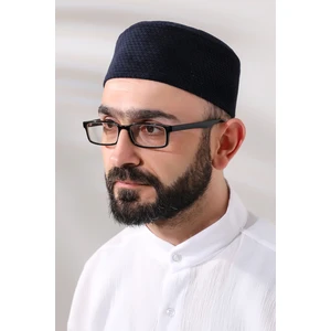 Lacivert Petek Kareli Kadife Kalıp Namaz Takkesi