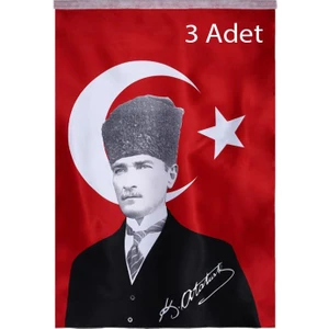 Nostaljik Lezzetler Türk Bayrağı 3 Adet Kalpaklı Atatürk Posterli Saten Türk Bayrağı K.atatürk Imzalı Türk Bayrağı 70 x 100 cm