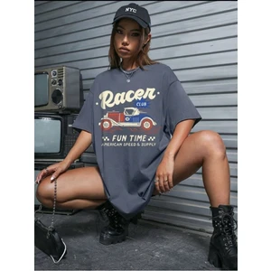 Kadın Antrasit Racer Oversize Bisiklet Yaka T-Shirt