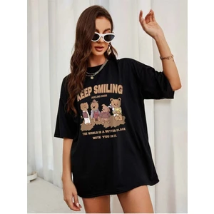 Siyah Keep Smılıng Oversize Bisiklet Yaka T-Shirt