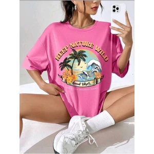 Kadın Pembe Keep Smiling Oversize Bisiklet Yaka T-Shirt