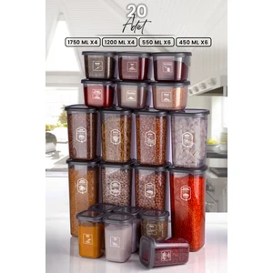 20 Li Etiketli Kare Saklama Kabı Erzak Kabı Seti 4x (1750ML 6x - 1200ML 4x - 550ML  - 6x 450ML)