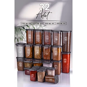 Kitchen Life 32'li Etiketli Modernity Kare Erzak Saklama Kabı Seti (1750ML X10 - 1200ML X10 - 550ML X6 - 450 X6 )