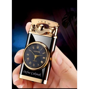 Asya Gifts Kişiye Özel Isim Baskılı Işıklı Saatli Jet Çakmak ( Gazlı )  Rüzgarda Sönmez