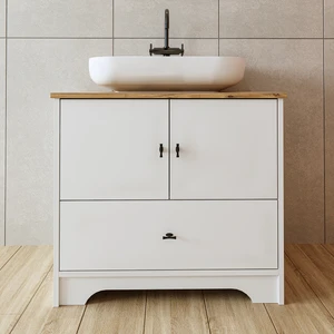 Oval Lavabolu Ayaklı 2 Kapaklı Çekmeceli Mat Beyaz Mdf 80 cm Banyo Dolabı