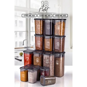 Kitchen Life 18'li Etiketli Modernity Kare Erzak Saklama Kabı Seti (1750ML X6- 1200ML X6 - 450ML X6 ) Baharatlık