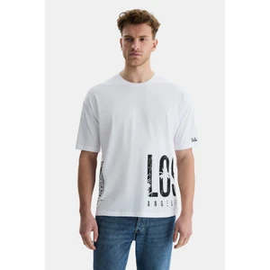 Ignıso Beyaz Bisiklet Yaka Baskılı Oversize Erkek Tshirt