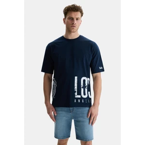 Ignıso Lacivert Bisiklet Yaka Baskılı Oversize Erkek Tshirt