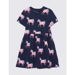 Marks & Spencer Saf Pamuklu Unicorn Desenli Kısa Kollu Elbise (2-7 Yaş)