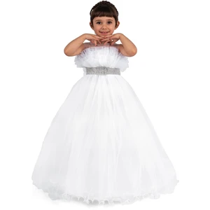 Buse & Eylül Bebe Beyaz Kemer Detaylı Kasnaklı Kız Çocuk Parti Elbisesi