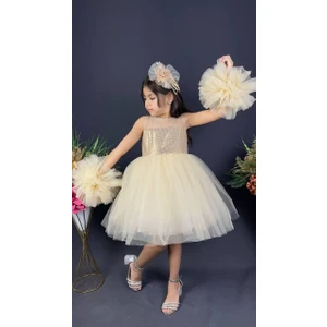 Buse & Eylül Bebe Altın Ponpon Kollu Pullu Kız Çocuk Abiye