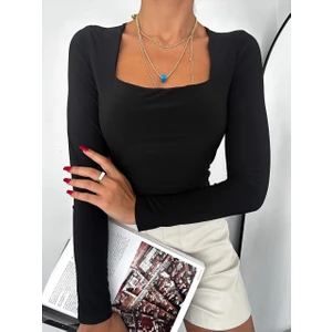 MST Clothing Kadın Sandy Kumaş Kare Yaka Uzun Kollu Body