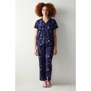 Zodiac Desenli Lacivert Gömlek Pantolon Pijama Takımı