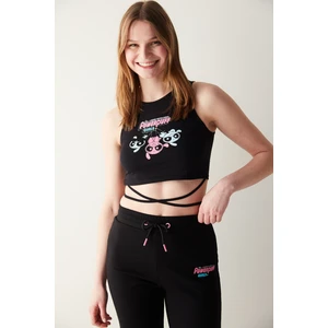 Siyah Baskılı Bağlamalı Crop Top