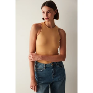Açık Kahverengi Halter Yaka Çıtçıtlı Body