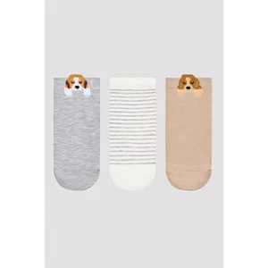 Dog Detail Bej 3lü Patik Çorap
