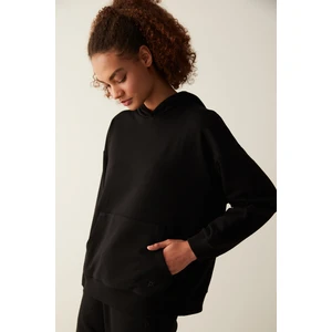 Siyah Kapüşonlu Cep Detaylı Oversize Sweatshirt