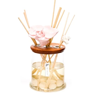 250 ml Dekorlu Oval Üfleme Cam Şişe Çiçek Taş Bambu Çubuklu Beyaz Gül Oda Kokusu