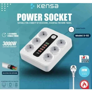 Power Socket 6'lı Priz/ 1 Type-C Giriş / 5 USB Giriş 3000W