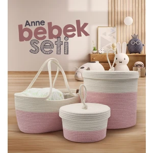 Jüt Ip Hasır Pembe Anne Bebek Bakım Çantası Anne Bebek Set Organizeri
