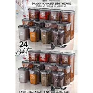 Kitchen Life 24'lü Etiketli Kare Erzak Saklama Kabı ve Kaşıklı Baharatlık Seti - (1750ML + 1200ML + 450 Ml)