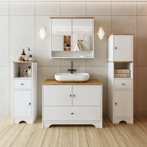 Oval Lavabolu Mat Beyaz Mdf 100 cm Çekmeceli Banyo Dolabı + Aynalı Üst Dolabı + 2 Adet Boy Dolabı