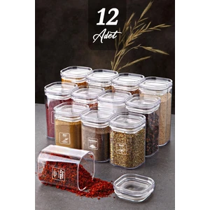 Kitchen Life Etiketli 12'li Vakumlu Premium Baharatlık Takımı - Sızdırmaz Kapaklı Akrilik Mika Baharatlık Seti