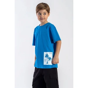 Bisiklet Yaka Kısa Kol Palmiye Baskılı Mavi Renk Erkek Çocuk Tshirt