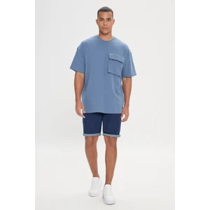 Altınyıldız Classics Erkek İndigo Oversize Fit Bol Kesim Pamuklu Baskılı Bisiklet Yaka Tişört