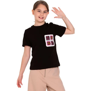 Dantel Cep Detaylı Siyah Renk Kız Çocuk Tshirt