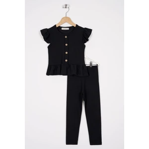 Kolları Fırfırlı Önü Düğme Aksesuarlı Siyah Renk Kız Çocuk Taytlı Takım