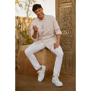 ALTINYILDIZ CLASSICS Erkek Beyaz-Bej Comfort Fit Rahat Kesim Düğmeli Yaka Pamuklu Kareli Gömlek