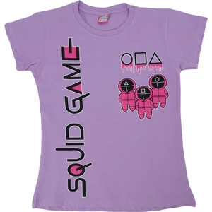 Kız Çocuk Squid Game Baskılı Penye Likralı Kısa Kol T-Shirt