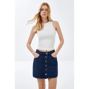 Mavi Önden DüğmeliYüksel Bel Mini Denim Etek