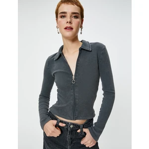 Fermuarlı Polo Yaka Tişört Uzun Kollu Ribanalı Slim Fit Pamuklu