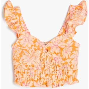 Keten Crop Bluz Kolsuz Çiçekli Gipe Detaylı