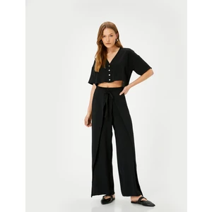 Bol Paça Pantolon Kapaklı Bağlama Detaylı Beli Lastikli