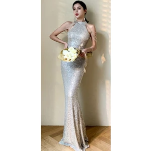 Hilal Trend Hilaltrend Halter Yaka Taş Detaylı Pullu Abiye Elbise